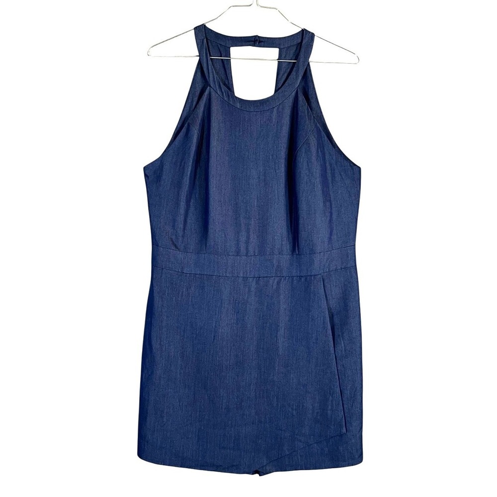 New York + Company Romper Skort Halter Denim Women's XL Blue Keyhole Shorts‎